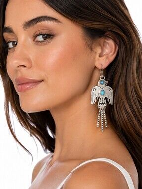 Thunderbird Earrings with Turquoise Stones in Silver Tone Western Tribal